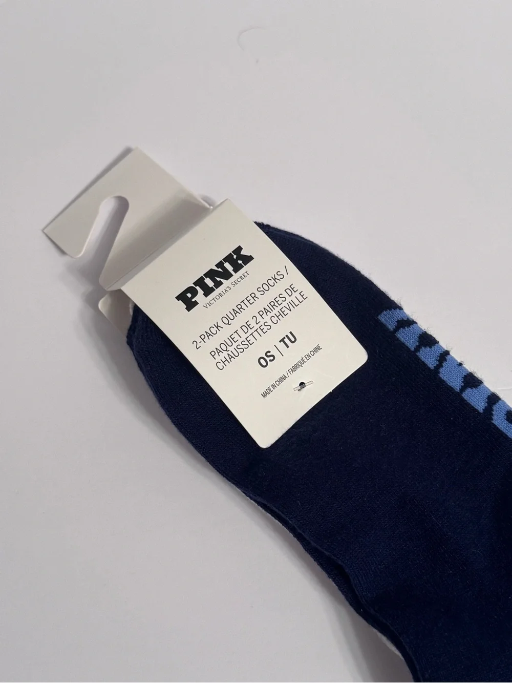 PINK Victoria's Secret Navy & White Quarter Socks with Blue Lime Stripes 2 Pack - Picture 3 of 7